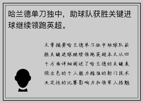 哈兰德单刀独中，助球队获胜关键进球继续领跑英超。